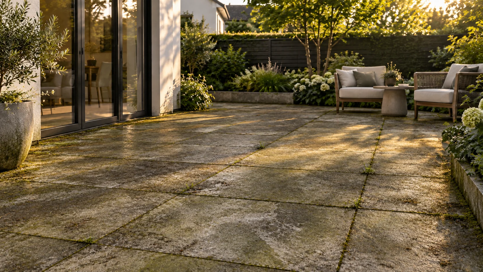Terrasse mit Grünbelag und Verschmutzungen